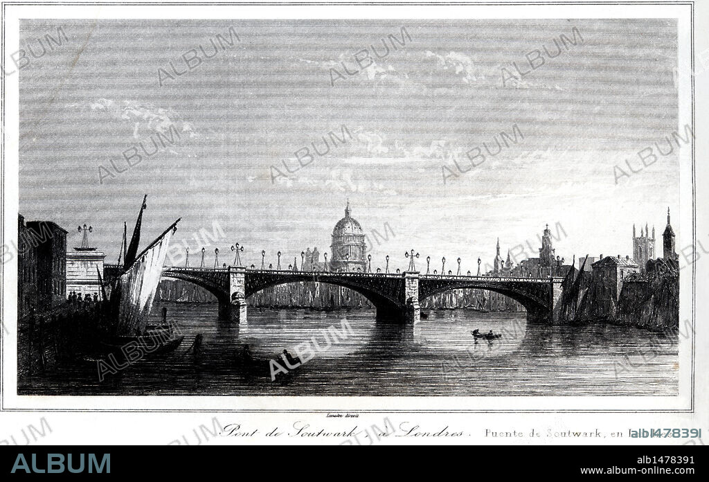 Puente de Soutwark en Londres (Inglaterra), ciudad en la que vivió y murió el compositor clásico Georg Friedrich Haendel. Grabado de la primera mitad del siglo XIX.