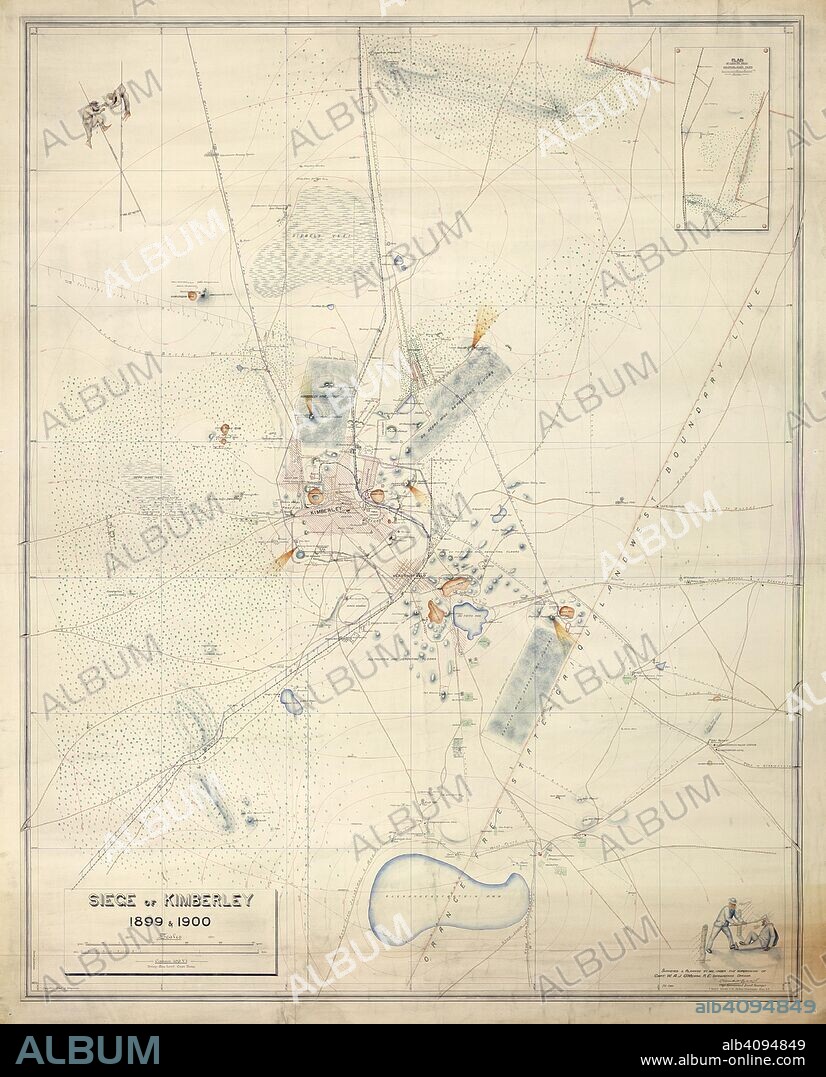 Siege of Kimberley. South Africa; 1900. [Whole map] Plan of the Siege of Kimberley, 14 October 1899 - 15 February 1900; with pictorial compass points showing speared Boers. Surveyed by Colonel A.J. O'Meara, R.E., and signed by Claude O. Lucas, Cape Government Surveyor. February 1900  Originally published/produced in South Africa; 1900. . Source: Add. 71232 A,. Language: English.