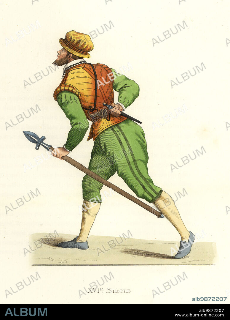 French hunter with spear, 16th century. In slashed buff doublet or pourpoint, slashed green jacket and breeches, black felt slippers. A horn hangs from a cord. After a handcoloured woodcut. Handcolored lithograph after an illustration by Edmond Lechevallier-Chevignard from Georges Duplessis's Costumes historiques des XVIe, XVIIe et XVIIIe siecles (Historical costumes of the 16th, 17th and 18th centuries), Paris, 1867. Edmond Lechevallier-Chevignard was an artist, book illustrator, and interior designer.
