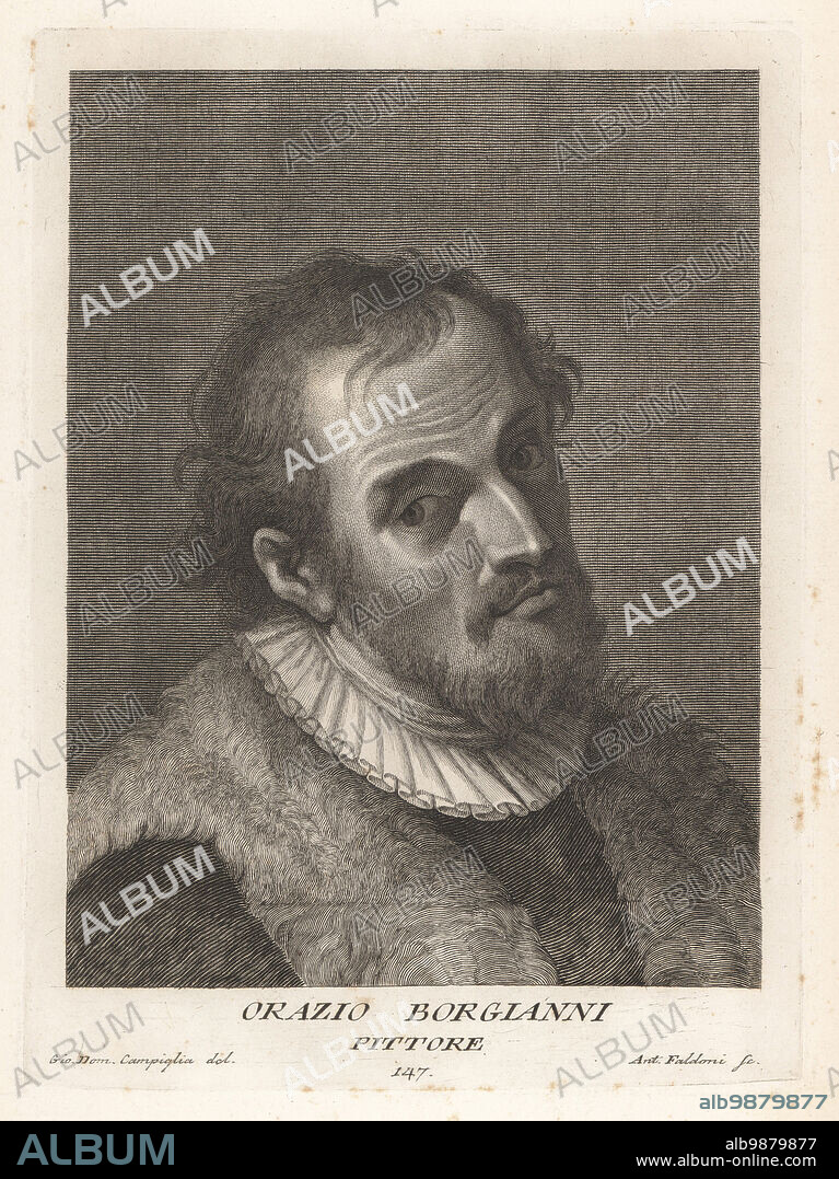 Orazio Borgianni, Italian painter and etcher of the Mannerist and early-Baroque, 1574-1616. Worked in Spain for Philip II, and for the Spanish ambassador in Rome. Pittore. Copperplate engraving by Giovanni Antonio Faldoni after Giovanni Domenico Campiglia after a self portrait by the artist from Francesco Moucke's Museo Florentino (Museum Florentinum), Serie di Ritratti de Pittori (Series of Portraits of Painters) stamperia Mouckiana, Florence, 1752-62.