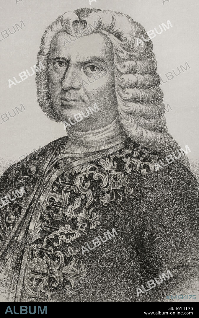 Juan Francisco de Güemes y Horcasitas (1681-1766), primer conde de Revillagigedo. Noble y general español. Capitán general de Cuba (1734-1746). Virrey de la Nueva España (1746-1755). Retrato. Litografía. Crónica General de España, Historia Ilustrada y Descriptiva de sus Provincias. Las Antillas, 1871.