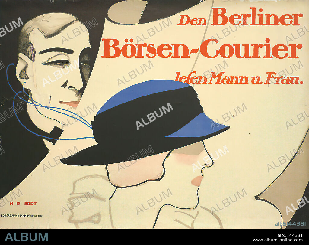 Hans Rudi Erdt, Hollerbaum & Schmidt, Den Berliner Börsen-Courier lesen Mann und Frau, paper, lithography, total: height: 70,3 cm; width: 95,5 cm, signed: u. r. im Druck: H R ERDT, product advertising (posters), newspaper, hat, man, woman, head, face, art deco.