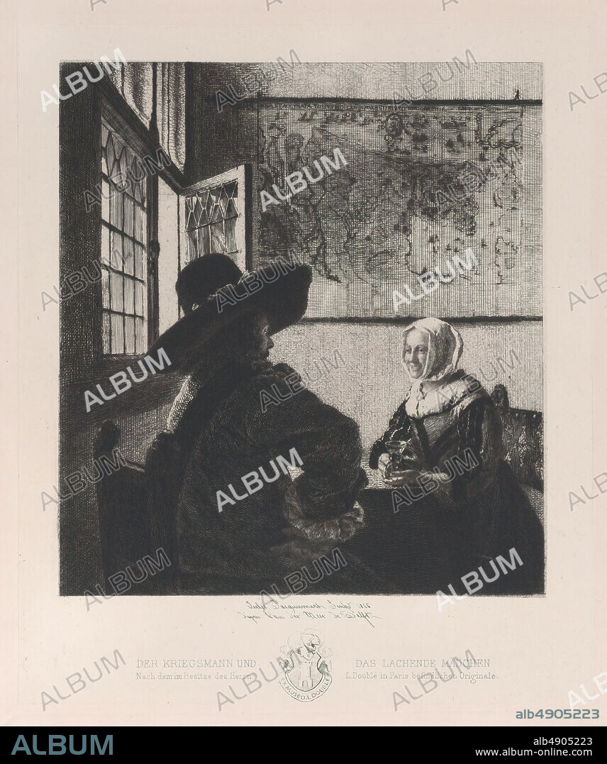Jules-Ferdinand Jacquemart, Officer and Laughing Girl, after Vermeer, Jules-Ferdinand Jacquemart (French, Paris 18371880 Paris), After Johannes Vermeer (Dutch, Delft 16321675 Delft), 1866, Etching, sixth state of six (Gonse), Sheet: 14 3/4 × 12 13/16 in. (37.5 × 32.5 cm), Plate: 9 1/4 × 7 7/8 in. (23.5 × 20 cm), Prints.