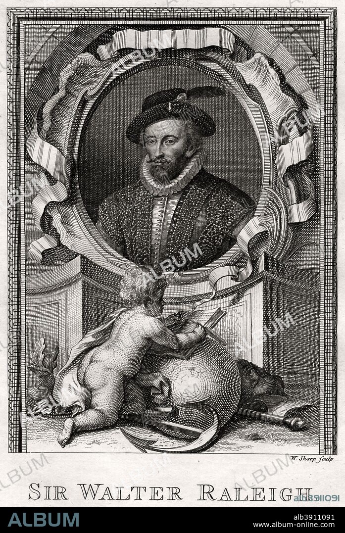 'Sir Walter Raleigh', 1775. Raleigh (1554-1618) was an English adventurer and writer, a favourite of Queen Elizabeth I, who knighted him in 1585. Accused of treason by Elizabeth's successor, James I, he was imprisoned in the Tower of London and eventually put to death in 1618. A plate from The Copper-Plate Magazine or A Monthly Treasure, London, 1775.