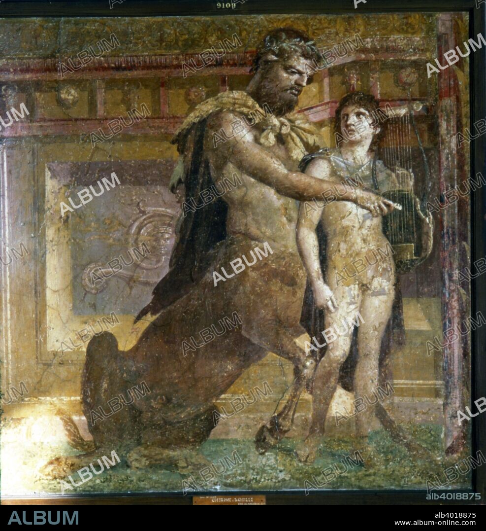 The Centaur 'Cheiron' teaching Achilles, Roman wall-painting from Herculaneum, c1st century. In Greek mythology, Chiron was held to be the wisest and justest of all the centaurs. At Natonal Archaeological Museum, Naples.