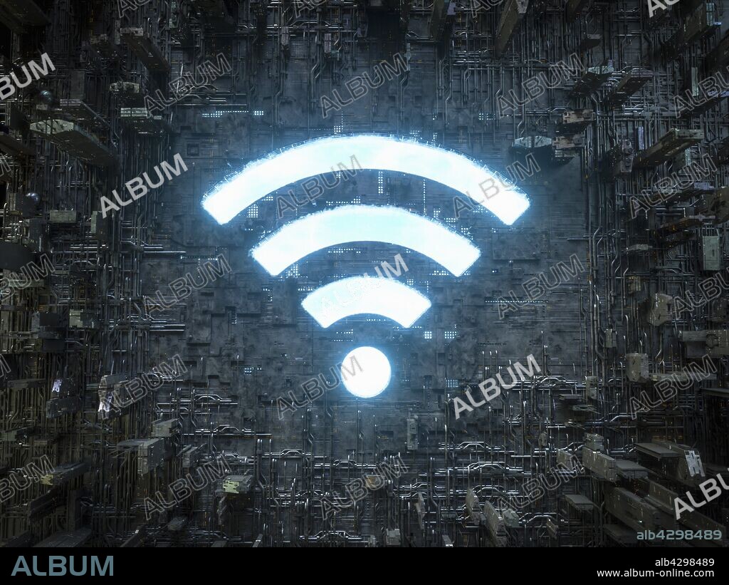 Blue sky wifi symbol shining in bleak industrial technology landscape.