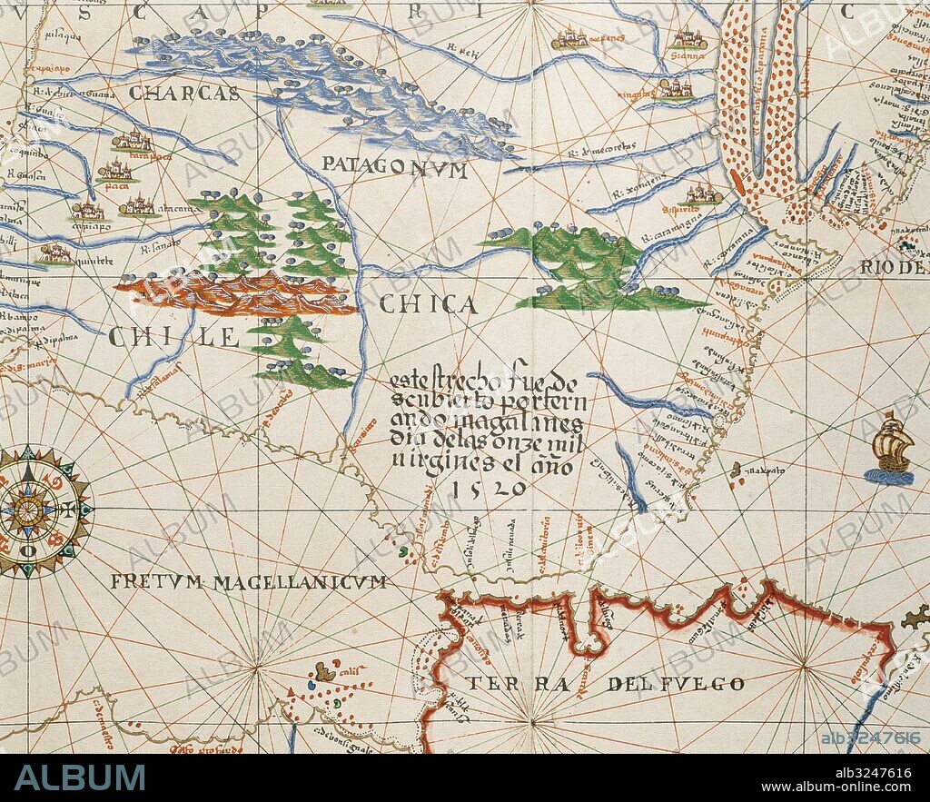 MAPA DEL ESTRECHO DE MAGALLANES CON LA PATAGONIA Y LA TIERRA DE FUEGO. ATLAS PORTULANO o Carta Náutica de JOAN MARTINES, cartógrafo español, peteneciente a la Escuela Mallorquina. El manuscrito consta de diecinueve mapas a doble folio. Messina (Sicilia), 1587. Biblioteca Nacional, Madrid. España.