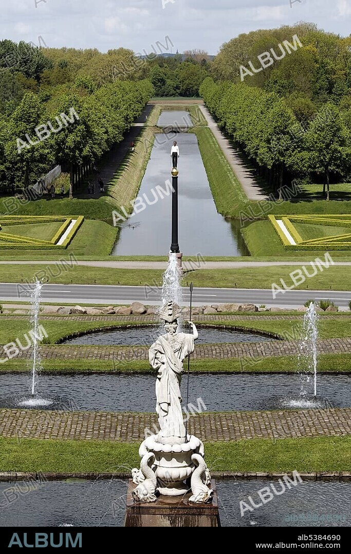 View of the Pallas Athena statue and Moritzkanal channel, baroque gardens, spa gardens Kleve, Niederrhein region, North Rhine-Westphalia, Germany, Europe.
