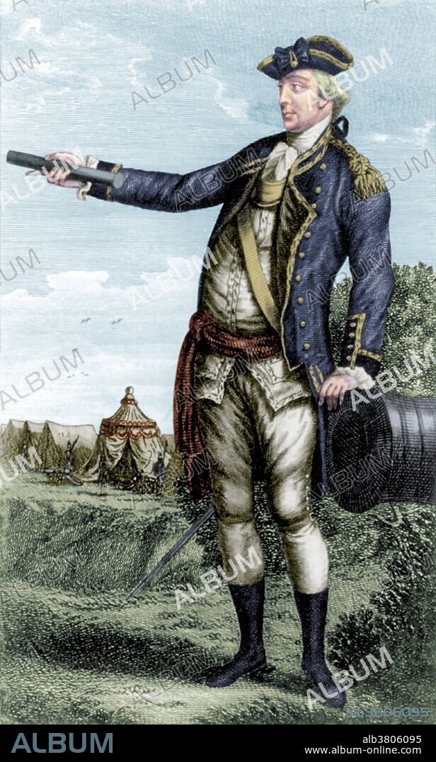 Entitled: "His excellency George Washington Esq'r. captain general of all the American forces" shows George Washington, wearing military uniform, gesturing with right hand holding a swagger stick, left hand resting on cannon barrel, military camp in the background. George Washington (February 22, 1732 - December 14, 1799) was the first President of the USA, from 1789-97, and dominant military and political leader 1775-99. He was one of the Founding Fathers and hailed as "father of his country" even during his lifetime. He led the American victory over Great Britain in the American Revolutionary War as commander-in-chief of the Continental Army from 1775-83. He presided over the convention that drafted the US Constitution, which replaced the Articles of Confederation and which remains the supreme law of the land. Washington became the first president by unanimous choice, and oversaw the creation of a strong, well-financed national government that maintained neutrality in the wars raging in Europe, suppressed rebellion and won acceptance among Americans of all types. His leadership style established many forms and rituals of government that have been used since, such as using a cabinet system and delivering an inaugural address. Washington died in 1799 at the age of 67. He was eulogized as "first in war, first in peace, and first in the hearts of his countrymen" by Henry Lee. Printed for R. Faulder, bookseller, 1780.