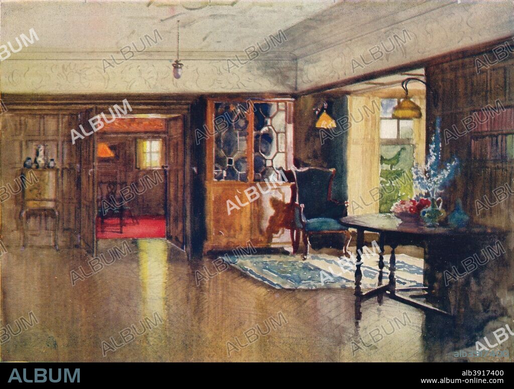 The Orchard, Harrow: The Dining Room. The Orchard was designed by architect Arnold Mitchell (1863-1944). After a watercolour by Joseph Walter West (1860-1933). From The Studio Volume 28 [London Offices of the Studio, London, 1903.].