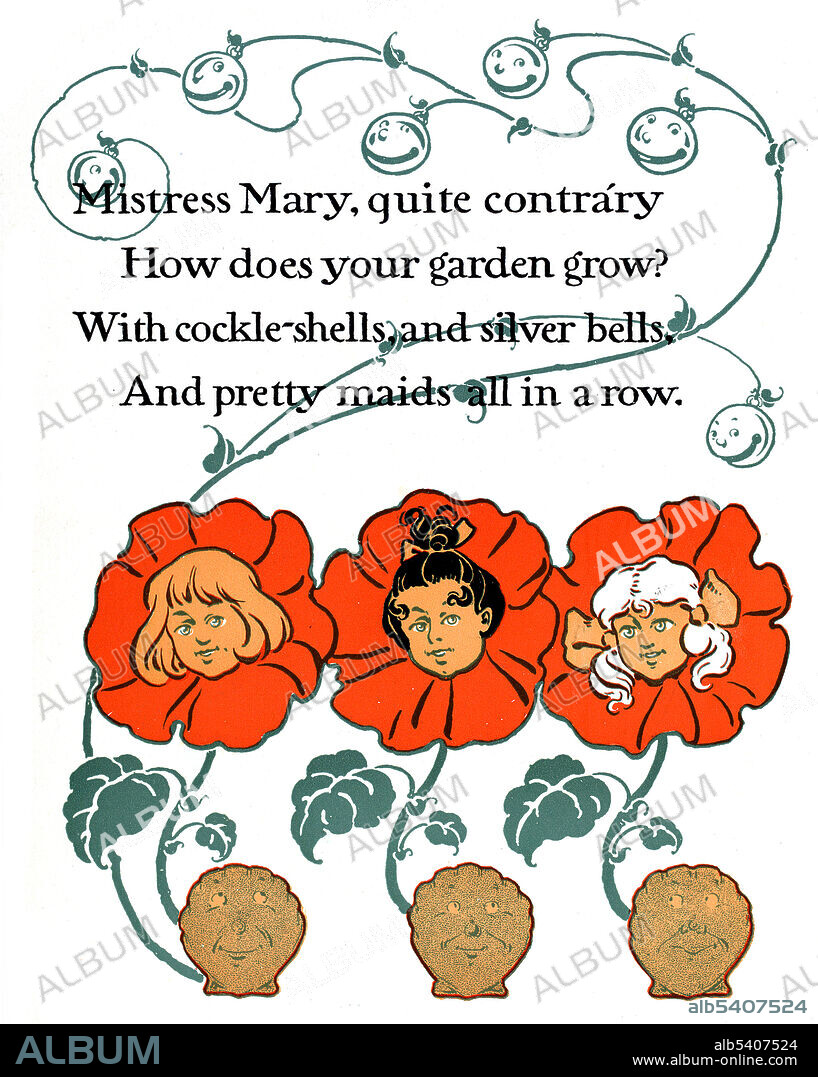 Mistress Mary, quite contrary, How does your garden grow? With cockle shells, and silver sells, and pretty maids all in a row. Denslow's Mother Goose: being the old familiar rhymes and jingles of Mother Goose. The figure of Mother Goose is the imaginary author of a collection of fairy tales and nursery rhymes. William Wallace Denslow (May 5, 1856 - March 29, 1915) was an American illustrator and caricaturist remembered for his work in collaboration with author L. Frank Baum, especially his illustrations of The Wonderful Wizard of Oz. Frederic W. Goudy (March 8, 1865 -  May 11, 1947 in Marlborough-on-Hudson) was an American printer, artist and type designer whose typefaces include Copperplate Gothic, Goudy Old Style and Kennerley. Illustrated by William Wallace Denslow, hand-lettered by Frederic William Goudy, 1901.