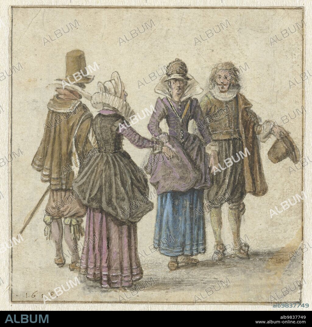 ADRIAEN VAN DE VENNE. Two Well-dressed Couples, 1618. Two fashionably dressed couples, greeting each other.