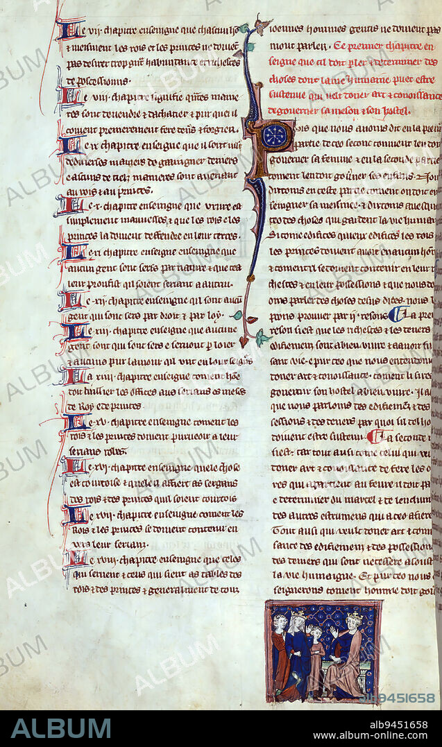 Les livres du gouvernement des roys et des princes, A prince addressing his queen and two sons, This early fourteenth century English manuscript is an example of Henri de Gauchys French translation of De regimine principum. Giles of Rome first composed the text in Latin for Philip of the Fair around 1277, and it was soon translated into several vernacular languages. Henri de Gauchys was the most prolifically copied of the French translations, and remains extant in thirty-one copies, only six of which are of English origin.