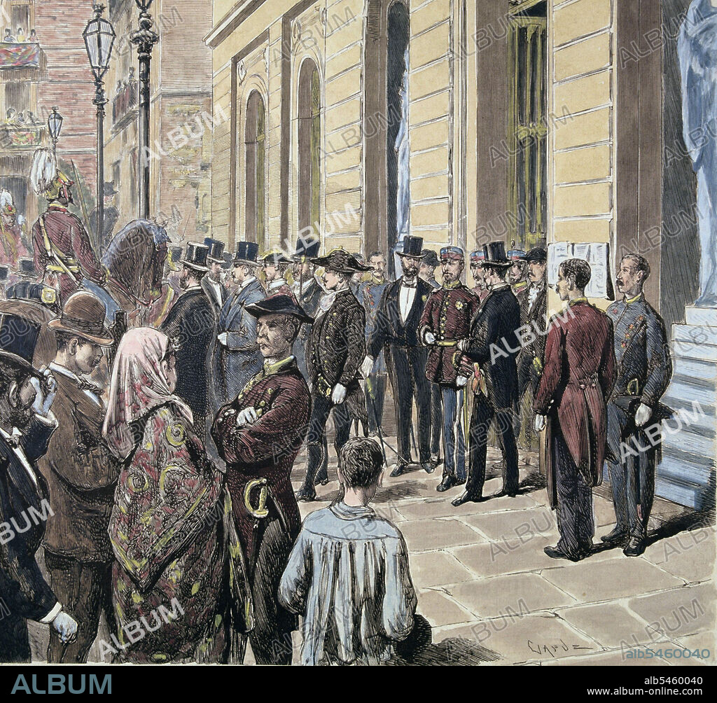 MARTINEZ CAMPOS , ARSENIO. MILITAR Y POLITICO ESPAÑOL . SEGOVIA 1831 - 1900. " MARTINEZ CAMPOS LLEGA A BARCELONA TRAS LA PACIFICACION EL 18 - 11 - 1875. GRABADO DE LA ILUSTRACIOIN ESPAÑOLA Y AMERICANA.