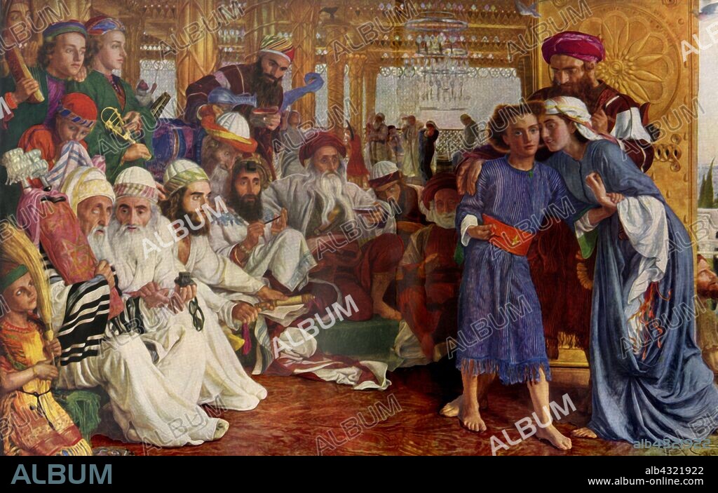 The Finding of the Saviour in the Temple (cropped)', 1854-1855 , (1936). Mary and Jospeh find the young Christ in dialogue with the rabbis in the Temple of Jerusalem.  Illustration from the Gospel of Luke, 2:41 by William Holman Hunt (1827-1910). Oil on canvas. From "Bibby's Annual 1936", edited by Joseph Bibby. [J. Bibby & Sons, Ltd., Liverpool, 1936].