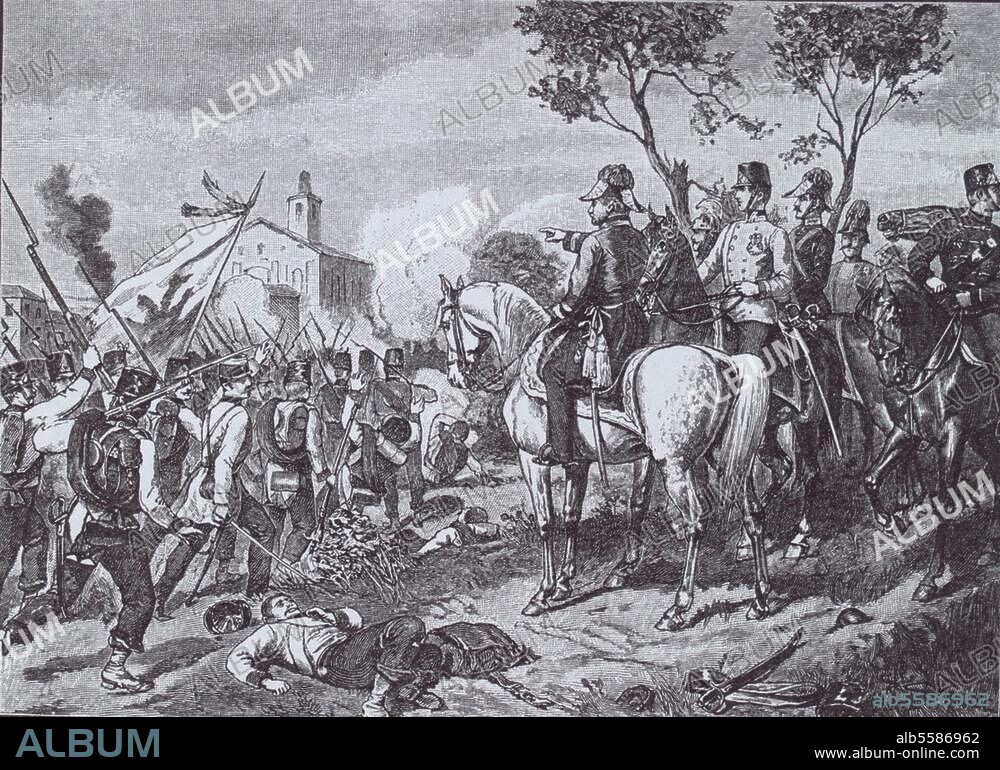 ANONYM. Franz Joseph I., Kaiser von Österreich und König von Ungarn; 1830-1916. "Erzherzog Franz Josef an der Seite Radetzkys in der Schlacht bei Santa Lucia am 6. Mai 1848". Holzstich. Aus: Über Land und Meer, 1889, Bd. 61. Berlin, Sammlung Archiv für Kunst und Geschichte.