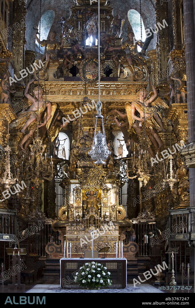 High altar, botafumeiro and crypt in the Roman Catholic cathedral, Catedral de Santiago de Compostela, Galicia, Spain.