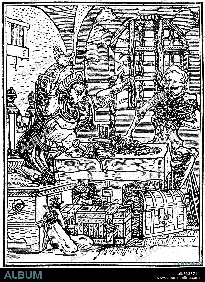 Der Tod und der Geizhals, aus dem Totentanz von Hans Holbein der Jºngere / Death and the Miser, from the Dance of Death by Hans Holbein the Younger, Historisch, historical, digital improved reproduction of an original from the 19th century / digital restaurierte Reproduktion einer Originalvorlage aus dem 19. Jahrhundert, genaues Originaldatum nicht bekannt.