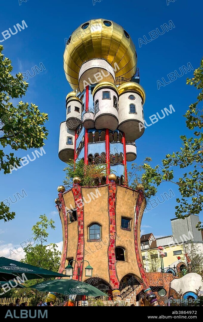 Kuchlbauer Tower, also Hundertwasser Tower by Friedensreich Hundertwasser and Peter Pelican in the beer garden of the Kuchlbauer brewery, Kuchlbauer's World of Beer, Abensberg, Lower Bavaria, Bavaria, Germany, Europe.