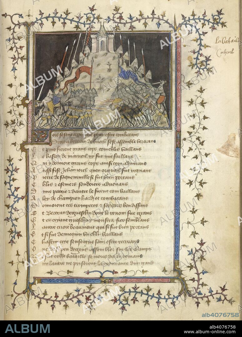 JEAN CUVELIER. The Battle of Coquerel. Miniature and text with floral decoration. The Battle of Cocherel was fought on 16 May 1364 between the forces of Charles V of France and the forces of Charles II of Navarre (known as Charles the Bad), over the succession to the dukedom of Burgundy. The king of France's forces were led by Bertrand du Guesclin, who won the battle. Chanson de Bertrand du Guesclin. France, Central (Paris), between c. 1380 and 1392. Source: Yates Thompson 35, folio 11.