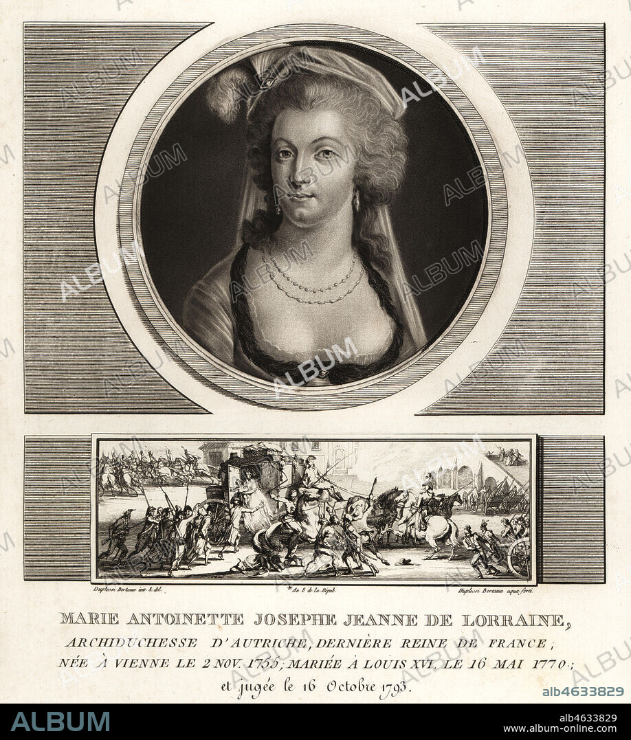 Marie Antoinette, last queen of France, 1755-1793. Vignette shows her arrest at Varennes in June 1791. Mezzotint drawn and engraved by Jean Duplessis-Bertaux from his Collection Complete de 60 Portraits des Personnages qui ont le plus Figure dans la Revolution Francaise, Auber, Pairs, 1800.