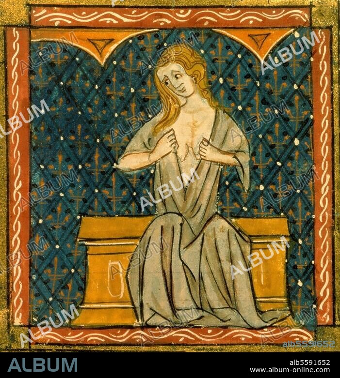 ANONYME. Enluminure française, 14e siècle. Femme se lamentant. Illustration du "Roman de la Rose" de Guillaume de Lorris et Jean de Meung, Ms. francais 1560, fol. 2, Paris, Bibliothèque Nationale.