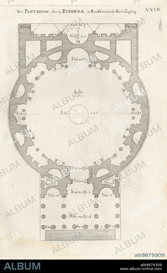 The ground plan of the Pantheon or La Ritonda, Rome. Former Roman temple and later Catholic church. Copied from Andrea Palladio's The Four Books of Architecture. Copperplate engraving by Johann Franck from Joachim von Sandrarts LAcademia Todesca, della Architectura, Scultura & Pittura, oder Teutsche Academie, der Edlen Bau- Bild- und Mahlerey-Kunste, German Academy of Architecture, Sculpture and Painting, Jacob von Sandrart, Nuremberg, 1675.