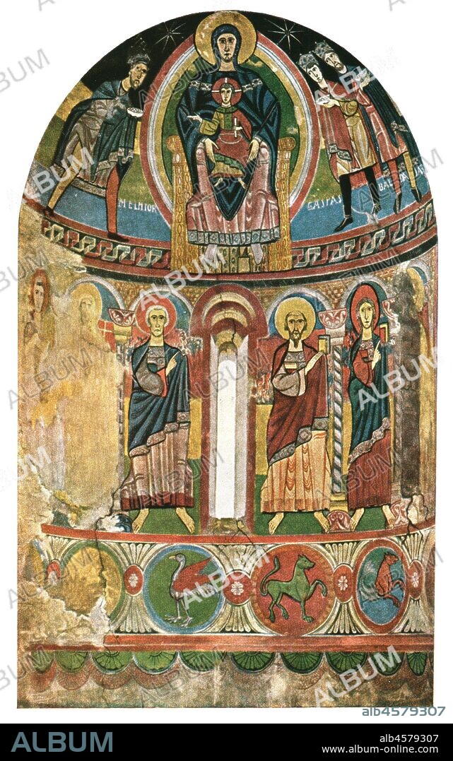 Fresco in the church of Santa Maria de Taüll, Catalonia, Spain, (1928). '12th Century...The Virgin Mary and child are sitting in the mandorla in front of a star-lit sky in the half dome of the apse. On the left Melchior is seen approaching, on the right Caspar and Balthazar. Apostles under the meander. The lower part of the painting is terminated by medallions with fabulous animals such as were often favoured in Romanesque and Gothic times'. Plate LVII, fig 127, from "An Encyclopaedia of Colour Decoration from the Earliest Times to the Middle of the XIXth Century" with explanatory text by Helmuth Bossert. [Ernst Wasmuth Ltd., Berlin, 1928].