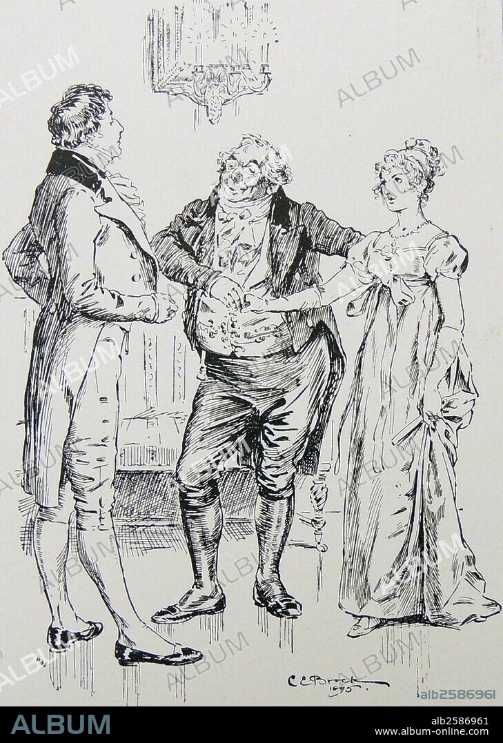Mr Darcy and Elizabeth Bennet, hero and heroine of the book, are introduced. Illustration by C.E. Brock for 1895 edition of ''Pride and Prejudice'' by Jane Austen, originally published in 1817.