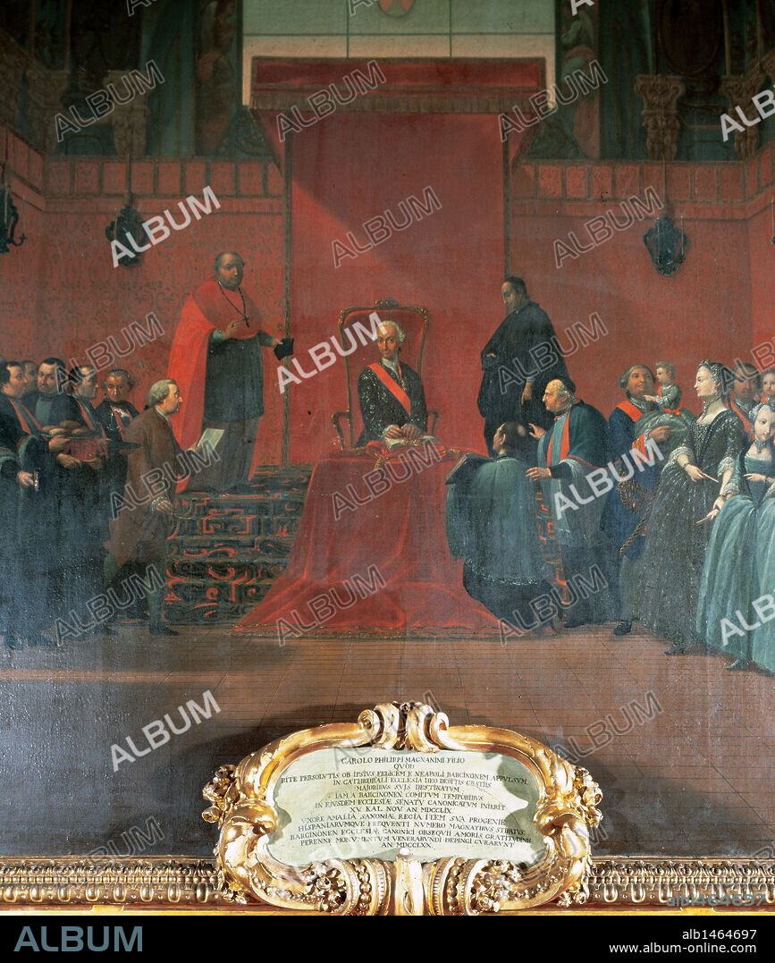 ARTE SIGLO XVIII. ESPAÑA. TREMULLES I ROIG, Manuel (Barcelona, 1715-1791). Pintor catalán. "INVESTIDURA DE CARLOS III COMO CANONIGO DE LA CATEDRAL DE BARCELONA" (1768). Detalle. Sala Capitular. Catedral de Barcelona. Cataluña.