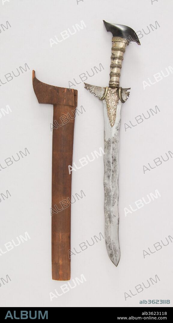 Kris with Sheath. Culture: Philippine, Maguindanao. Dimensions: H. with sheath 14 9/16 in. (37 cm); H. without sheath 13 7/8 in. (35.2 cm); H. of blade 10 1/8 in. (25.7 cm); W. 11/16 in. (1.7 cm); Wt. 4.3 oz. (121.9 g); Wt. of sheath 0.9 oz. (25.5 g). Date: 18th-19th century.