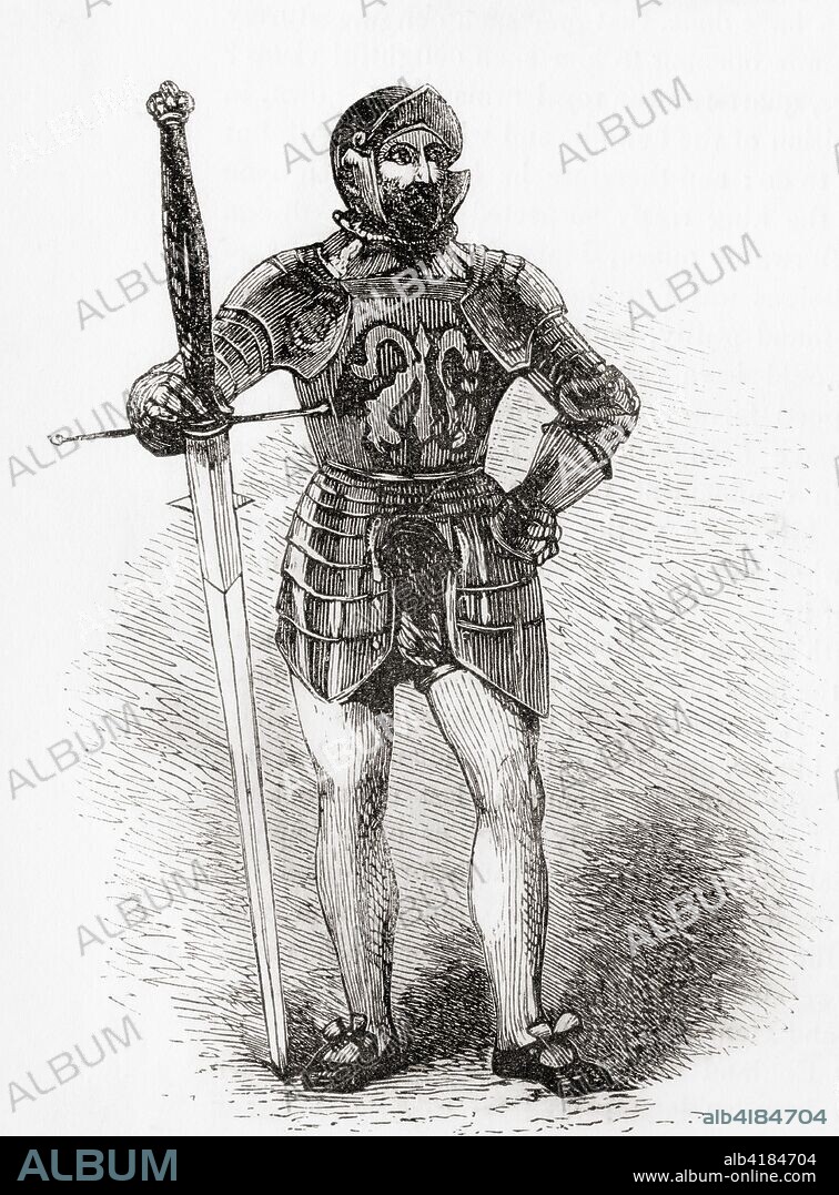 A 16th century foot soldier holding a longsword.  From Old England: A Pictorial Museum, published 1847.