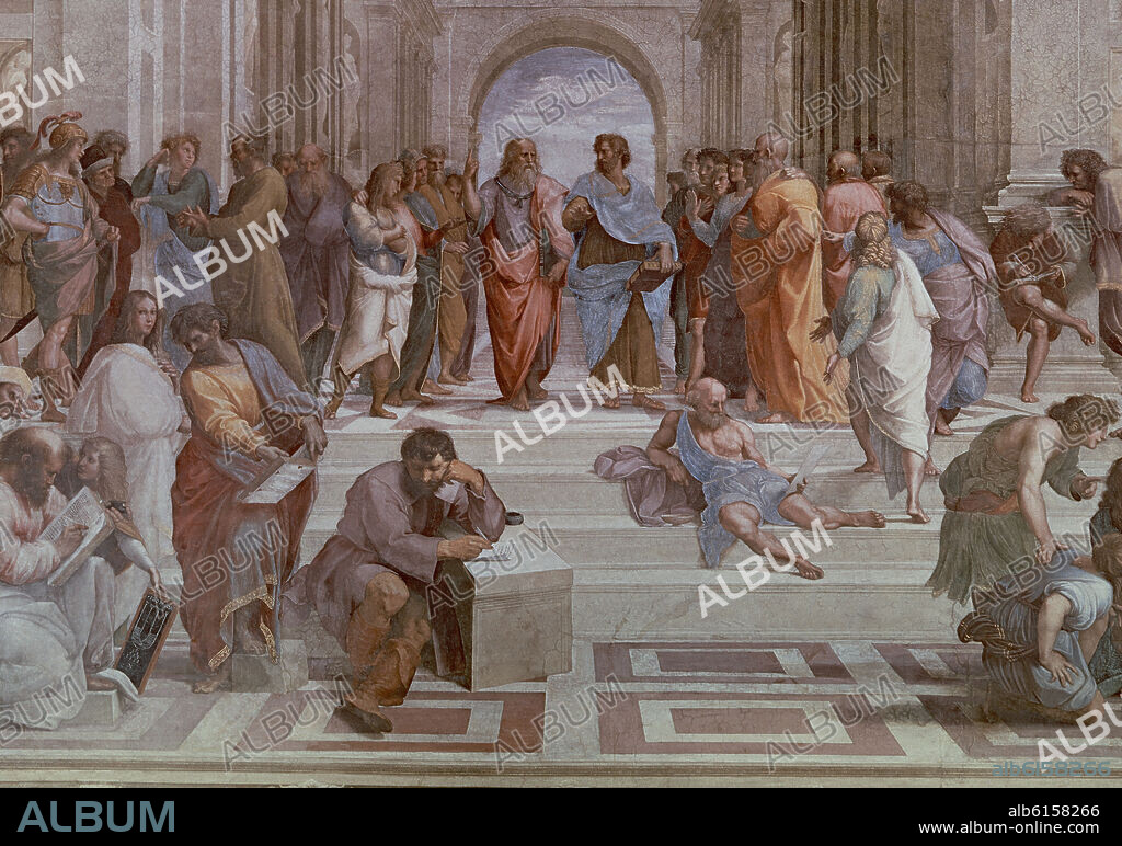 RAFAEL SANZIO O RAFAEL DE URBINO. LA ESCUELA DE ATENAS  - 1510 - RENACIMIENTO ITALIANO - DETALLE DE LA ESCENA CENTRAL.