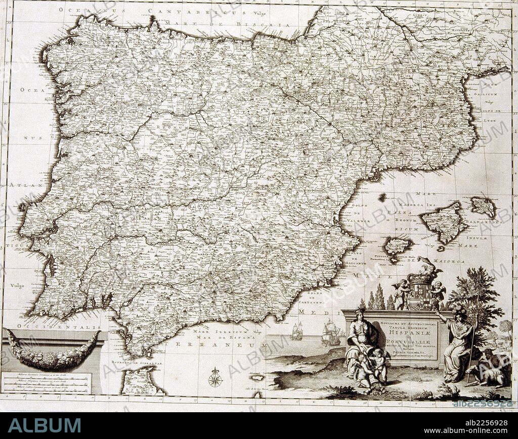 CARTOGRAFIA. MAPA DE ESPAÑA Y PORTUGAL. REALIZADO POR PIETER VAN DER AA. LEIDEN 1700-1729.