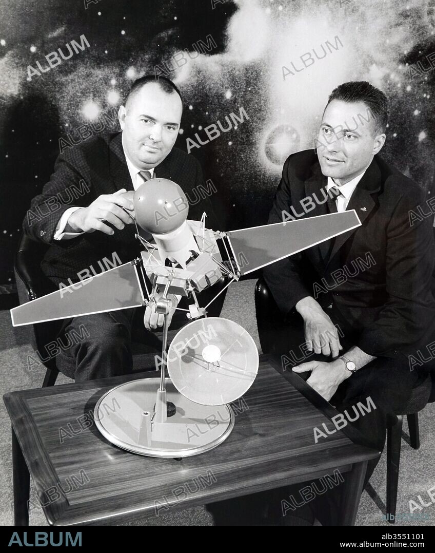 Photograph of an advanced model of the Ranger 3 spacecraft and the lunar capsule. Also pictured is Dr. Donald B. Duncan (left), general operations manager of Space System Operations at Aeronutronic Division of Ford Motor Company, where the capsule is being deployed; and James D. Burke, Ranger project manager at the Jet Propulsion Laboratory. Dated 20th century.