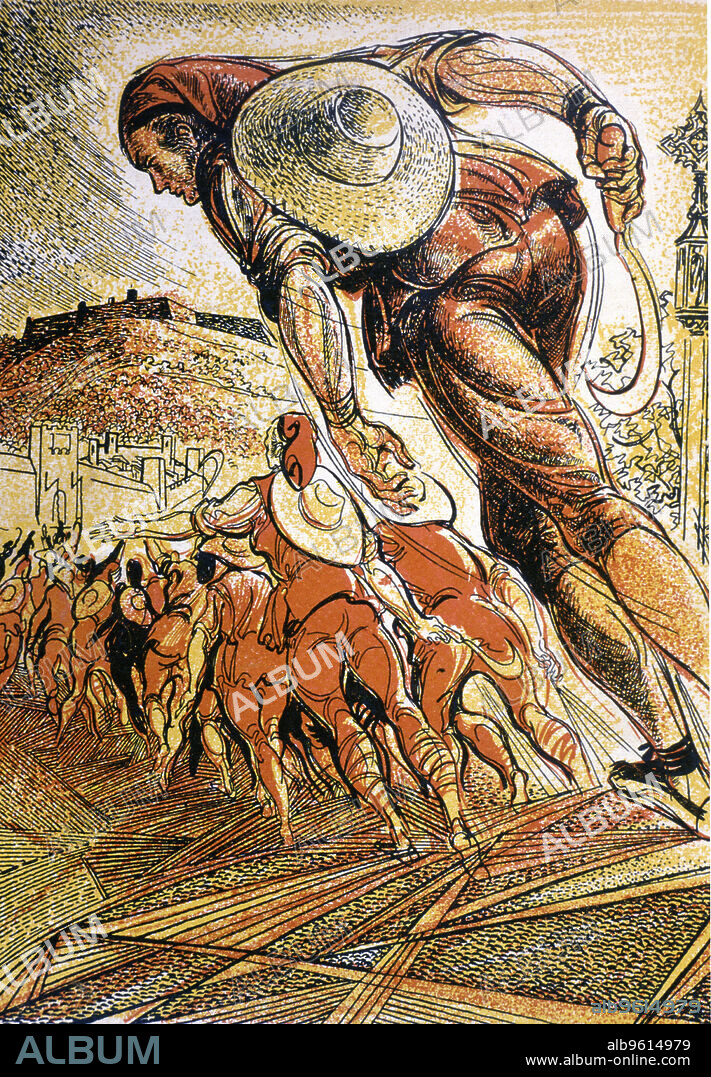 Reapers War (1640 -1652), Catalan secessionist uprising, entry of a group of reapers in the city of Barcelona, drawing, 1950.