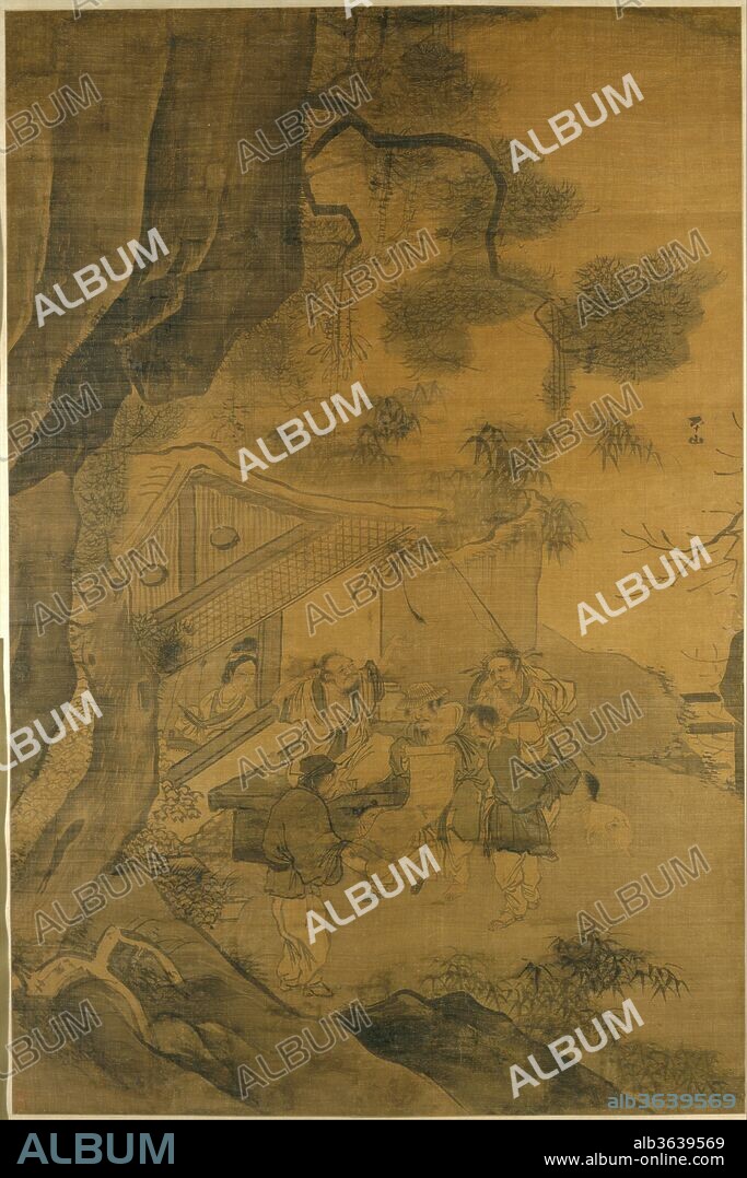 Studying a Painting. Artist: Zhang Lu (Chinese, ca. 1490-ca. 1563). Culture: China. Dimensions: Image: 58 5/8 x 38 7/8 in. (148.9 x 98.7 cm)
Overall with mounting: 103 x 42 1/8 in. (261.6 x 107 cm)
Overall with knobs: 103 x 46 1/4 in. (261.6 x 117.5 cm). Date: 16th century.
Zhang Lu was an aristocrat born into a wealthy family and educated with princes of the imperial family. He attained great success as a professional painter but lived very simply, almost as a hermit. He began his study of painting by emulating the leading court painter, Wang E (act. ca. 1490-after 1541), but quickly turned from the academy to other models and masters, most notably Wu Wei (1459-1508).  This painting parodies the theme of the literary gathering. A group of rustics congregates around a hanging scroll as a man seated on a stone table holds forth on its virtues. A woman seated at her loom cranes her neck for a better view, a fisherman skeptically strokes his whiskers, a child darts underneath the scroll for a closer look, and the barefoot man unrolling the scroll squints critically at the image--a hawk pursuing a rabbit--which is a well-known composition by Zhang Lu himself.