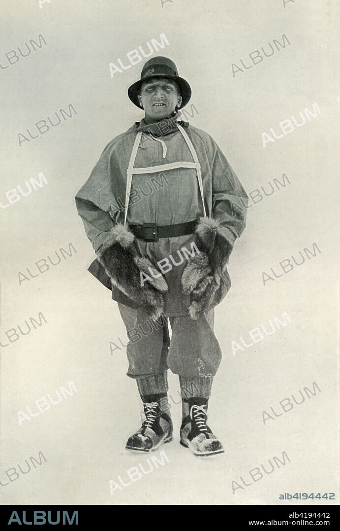 'Lieut. H. R. Bowers - 'Birdie', January 1911, (1913). Lieutenant Henry 'Birdie' Bowers (1883-1912) died on the way back from the South Pole with Scott and Wilson. The final expedition of British Antarctic explorer Captain Robert Falcon Scott (1868-1912) left London on 1 June 1910 bound for the South Pole. The Terra Nova Expedition, officially the British Antarctic Expedition (1910-1913), included a geologist, a zoologist, a surgeon, a photographer, an engineer, a ski expert, a meteorologist and a physicist among others. Scott wished to continue the scientific work that he had begun when leading the Discovery Expedition to the Antarctic in 1901-04. He also wanted to be the first to reach the geographic South Pole. Scott, accompanied by Dr Edward Wilson, Captain Lawrence Oates, Lieutenant Henry Bowers and Petty Officer Edgar Evans, reached the Pole on 17 January 1912, only to find that the Norwegian expedition under Amundsen had beaten them to their objective by a month. Delayed by blizzards, and running out of supplies, Scott and the remainder of his team died at the end of March. Their bodies and diaries were found eight months later. Henry Bowers in full sledging outfit at Glacier Tongue. From Scott's Last Expedition, Volume I. [Smith, Elder & Co., London, 1913].