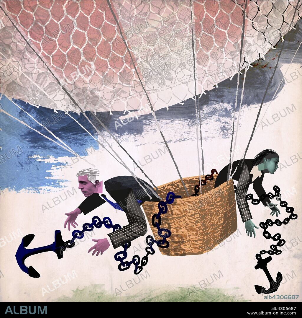 Businessman and businesswoman throwing anchor out of hot air balloon.