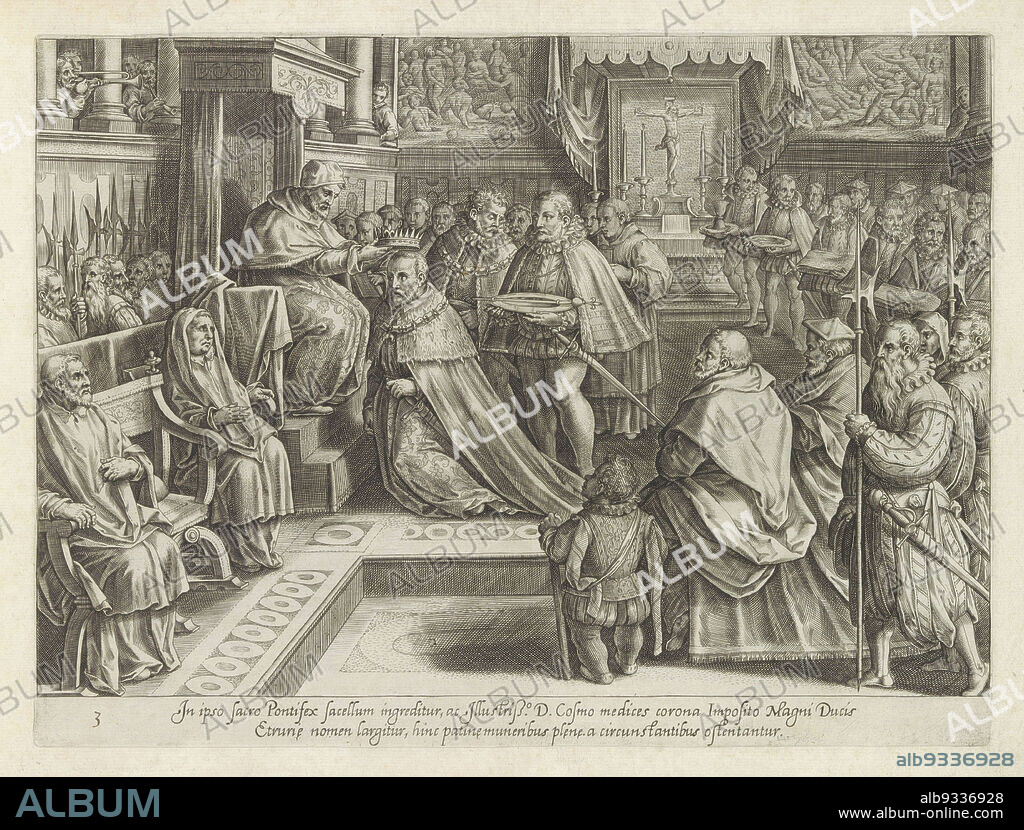 Coronation of Cosimo De' Medici in 1569, Family History of the De' Medici Family (volume 3) (series title), Mediceae Familiae rerum feliciter gestarum victoriae et triumphi (series title), In the Sistine Chapel Cosimo De' Medici is crowned Grand Duke of Tuscany by Pius V in 1569. In the background Michelangelo's Last Judgment. In the lower margin two lines of text in Latin. Numbered 3 in pen. The print is part of an album., print maker: Philips Galle, Jan van der Straet, print maker: Antwerp, Florence, publisher: Antwerp, 1582 and, or 1583, paper, engraving, height 215 mm × width 287 mm.