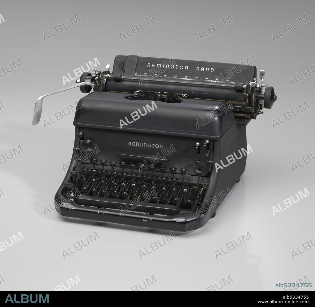 Buck Colbert Franklin (1879-1960) was an attorney in Tulsa, Oklahoma, who is most known for defending the survivors of the Tulsa Race Riot of 1921. Remington Rand model seventeen typewriter with keyboard margin controls used by Buck Colbert Franklin, survivor of the Tulsa Race Massacre, in his legal practice. The typewriter is black with silver lettering. “Remington Rand” is written on the paper table of the typewriter and “Remington” is on the body of the typewriter below the ribbon cover plate. “Remington” is also found on the back of the typewriter at center. The Remington Rand logo is on the back of the typewriter at bottom center. The typewriter has a 4-bank universal keyboard. On the top left of the keyboard is a type bar unjammer lever and ribbon reverse lever, above the KMC key which controls the left margin. On the right, above the KMC key for the right margin, are a 3-position touch regulator and the ribbon height control, including a setting for using the middle of the ribbon. The serial number for the typewriter is J1122912.