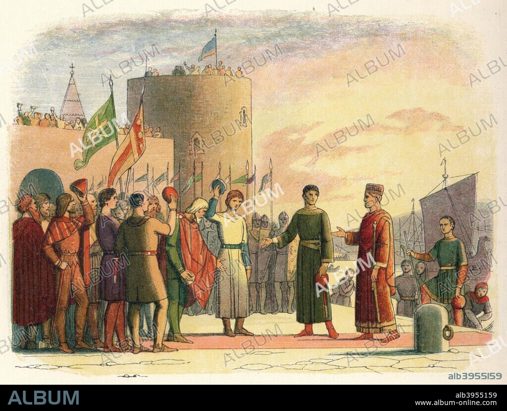 'Henry at Waterford', 1864. The Norman invasion of Ireland took place in stages during the late 12th century. This military intervention had the backing of King Henry II of England, (1133-1189) and was authorized by Pope Adrian IV.  Henry II, (5 March 1133 - 6 July 1189) landed at Waterford in 1171. From A Chronicle of England B.C. 55 - A.D. 1485 by James E. Doyle. [Longman, Green, Longman, Roberts & Green, London, 1864].