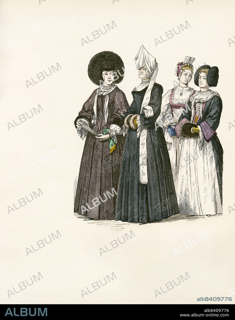 Women's Ceremonial Dress, Noblewoman in Mourning, Girl's Domestic Attire, Girl with Rose Cap, Switzerland (city of Zurich), Early 18th Century, Illustration, The History of Costume, Braun & Schneider, Munich, Germany, 1861-1880.