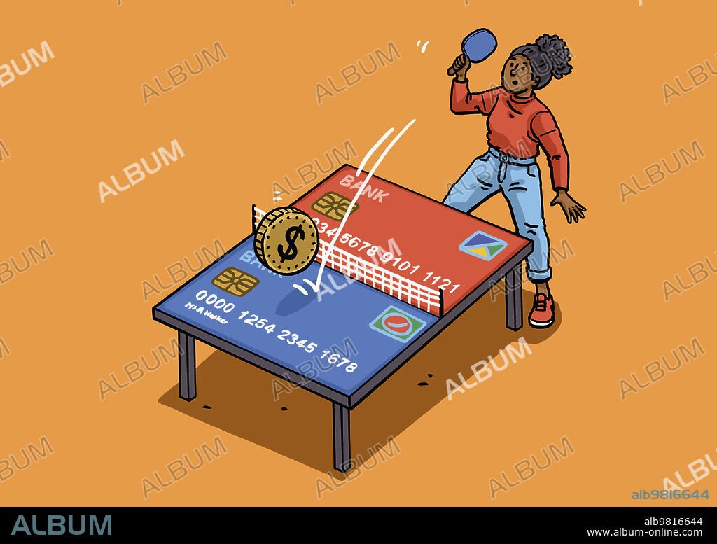 Woman hitting dollar coin ball on two credit cards forming table tennis table.