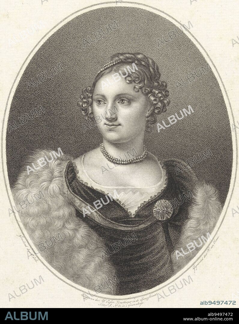 Portrait of Anna Paulowna Romanowa (Queen of the Netherlands), Willem van Senus, after G. Gels, 1816 - 1840, Portrait of Anna Paulowna Romanowa (Queen of the Netherlands), with pearl necklace and fur cloak., print maker: Willem van Senus, (mentioned on object), intermediary draughtsman: G. Gels, (mentioned on object), Marten Westerman, (mentioned on object), The Hague, 1816 - 1840, paper, etching, engraving, h 282 mm × w 219 mm.