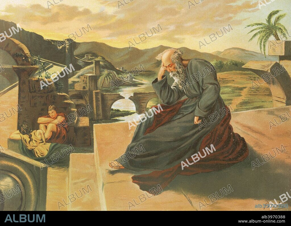El profeta hebreo Jeremías (650 a. C. -585 a. C.) llorando las desgracias de Jerusalén. Profetizó la invasión de los Babilónicos. Dibujo por Fernando Xumetra (1860-1920). Cromolitografía. La Civilización, tomo II, 1881. Biblioteca Histórico Militar de Barcelona. Cataluña, España.