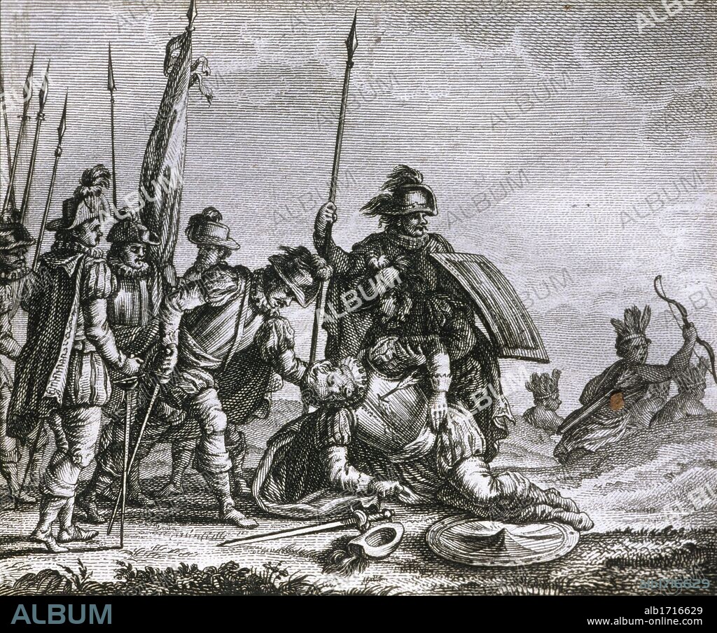Ferdinand Magellan (c.1480-1521). Portuguese navigator. Death of Magellan in the Philippines, 1521. Engraving, 18th century.