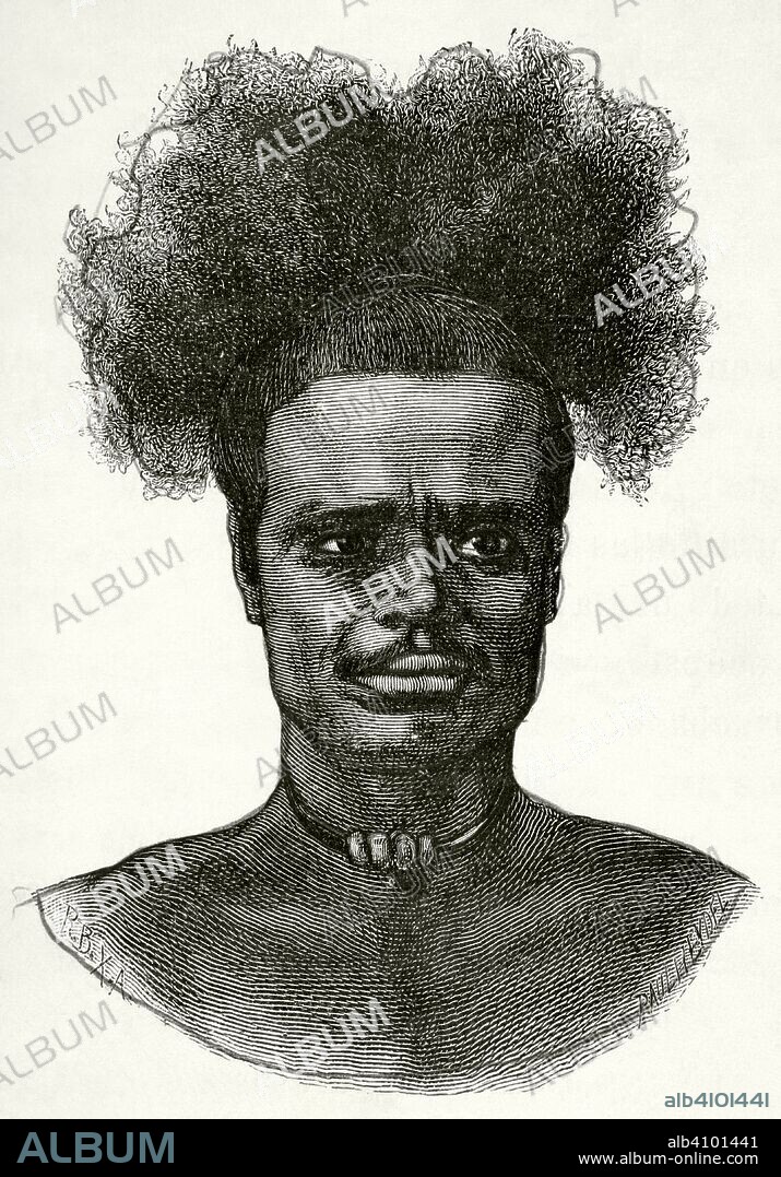 Africa Central. Indígena. Grabado. Africa Inexplorada, El Continente Misterioso, por Henry Morton Stanley, h. 1887. Biblioteca Histórico Militar de Barcelona, Cataluña, España.