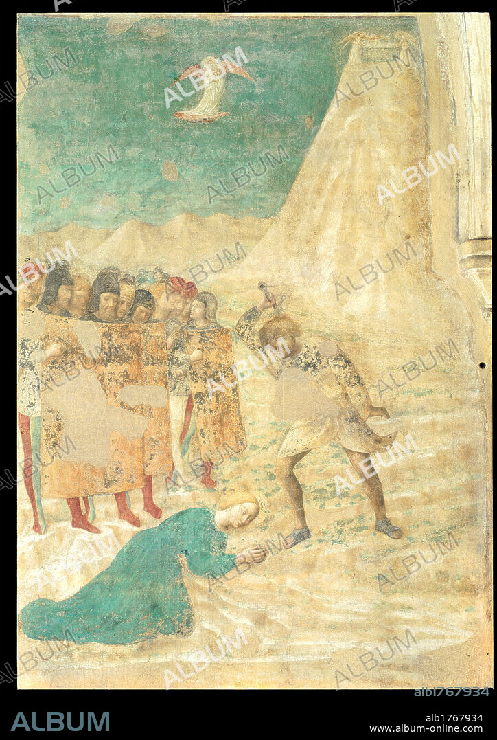 The Beheading of St Catherine, by Tommaso di Cristofano Fini known as Masolino da Panicale, 1425-1428 about, 15th Century, fresco,. Italy, Lazio, Rome, San Clemente Basilica, St Catherine chapel. All. Desert landscape mountain rise height Sinai beheading decapitation St Catherine onlookers bystanders army the prostrate figure of the Saint lying on the ground.