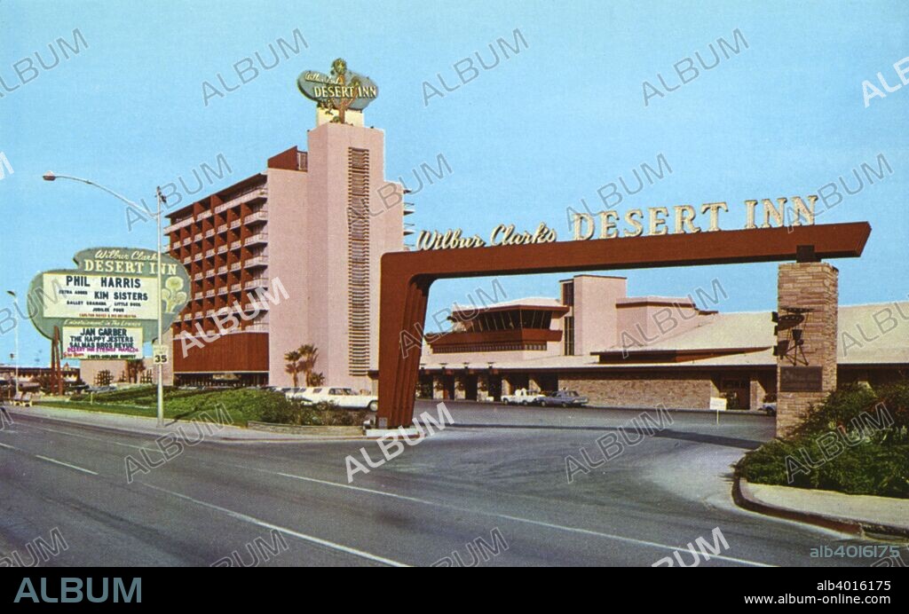Wilbur Clark's Desert Inn Hotel and Casino, Las Vegas, Nevada, USA, 1966. Vintage postcard showing the exterior of the Desert Inn. A large entrance arch stands over the driveway. A large neon marquee stands near the roadway announcing the current acts. Another large neon sign rises over the top of the roof. The Desert Inn was a hotel and casino that opened in 1950. It was the fifth casino to be built on The Strip.